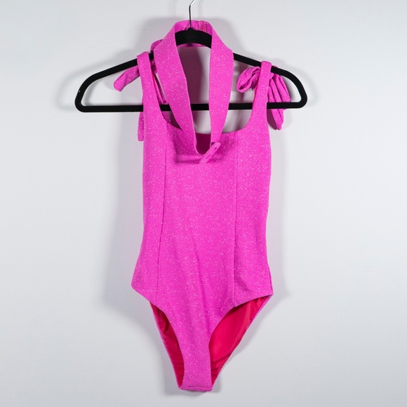 Beach Riot Sydney One Piece Prism Pink Sparkle Glitter Belted Swim Bathing Suit - Picture 1 of 4